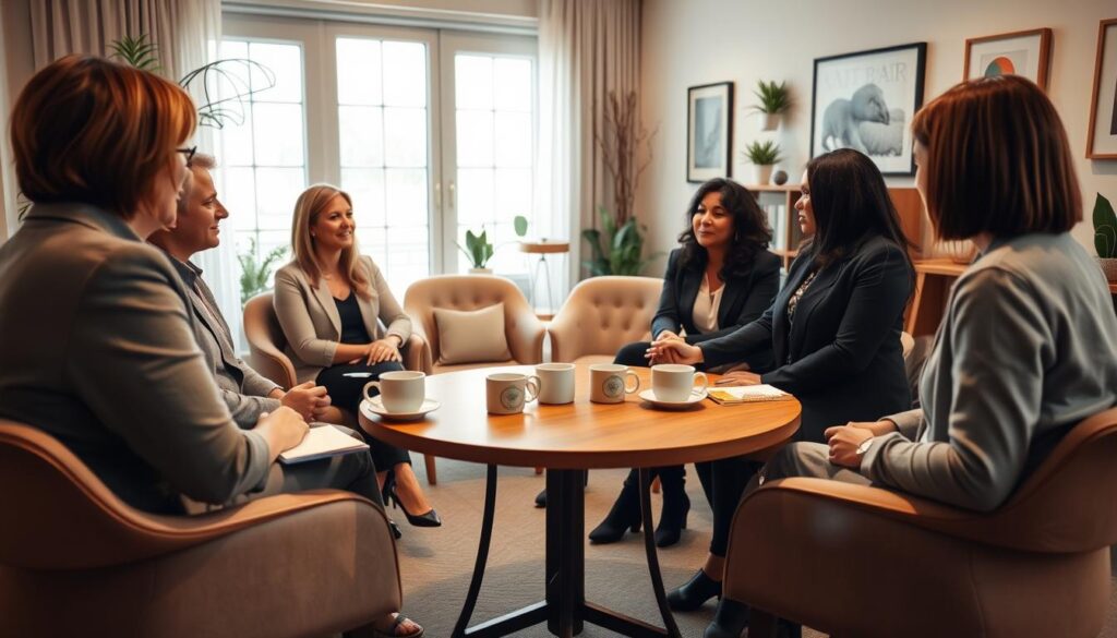 A serene and inviting support group meeting setting, featuring a diverse group of participants engaged in a discussion. Foreground: a round table with a warm, wooden finish, where individuals are exchanging ideas and listening actively; they are dressed in professional business attire and modest casual clothing. Middle ground: a cozy circle of chairs arranged to foster connection, with a few notebooks and mugs of steaming tea placed on the table. Background: a softly lit room with large windows allowing natural light to filter through, adorned with plants and calming artwork. The atmosphere is supportive and encouraging, conveying a sense of safety and community, with warm lighting to enhance the inviting feel. The angle captures the visual interaction among participants, emphasizing their openness in sharing personal experiences.