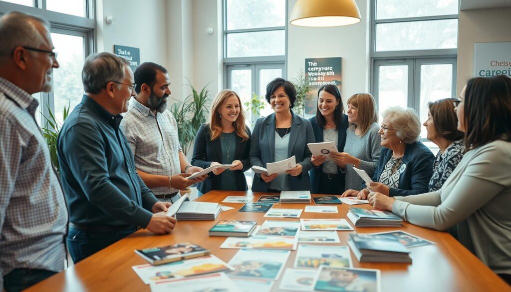 A serene community center setting with a group of diverse volunteers, men and women of various ages, engaged in a supportive discussion around a table. The foreground features a warm, inviting table scattered with resource materials about caregiving. In the middle, the volunteers are depicted in professional casual attire, smiling and collaborating while holding brochures and tablets. The background shows soft, natural lighting filtering through large windows, with plants and motivational posters enhancing the atmosphere of community support. The overall mood is uplifting, conveying a sense of camaraderie, partnership, and the spirit of giving back. A wide-angle perspective captures the dynamic interaction and openness of the space, highlighting both the individuals and their sense of purpose in supporting caregivers.