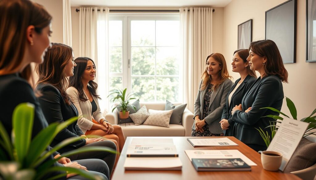 A serene, inviting healthcare setting focused on postpartum mental health screening. In the foreground, a diverse group of women in professional business attire, engaged in a supportive discussion, each displaying empathy and understanding. Their expressions convey compassion and attentiveness. The middle ground features a cozy, well-lit consultation area with comfortable seating, soft pillows, and plants, enhancing a sense of warmth and safety. In the background, a large window allows gentle, natural light to stream in, illuminating calming colors on the walls. A table with mental health resources, pamphlets, and screening tools is neatly arranged, inviting exploration. The atmosphere is uplifting and reassuring, promoting a feeling of community and support for new mothers.