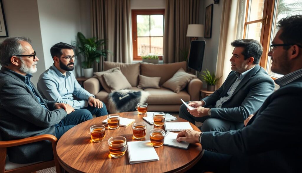 A small group of four men seated in a cozy, well-lit room, engaged in a discussion about stress and sleep. The men, dressed in smart casual attire, are diverse in ethnicity, with focused expressions as they share their thoughts. In the foreground, a round wooden table is scattered with notebooks and steaming cups of herbal tea, evoking a relaxed atmosphere. The middle background features a comfortable sofa and a few plants, adding warmth to the scene. Soft, natural lighting filters in through a window, casting gentle shadows. The overall mood is supportive and engaging, reflecting a sense of openness and camaraderie. The angle captures both the participants' expressions and the inviting surroundings, emphasizing the importance of mental well-being in the conversation.