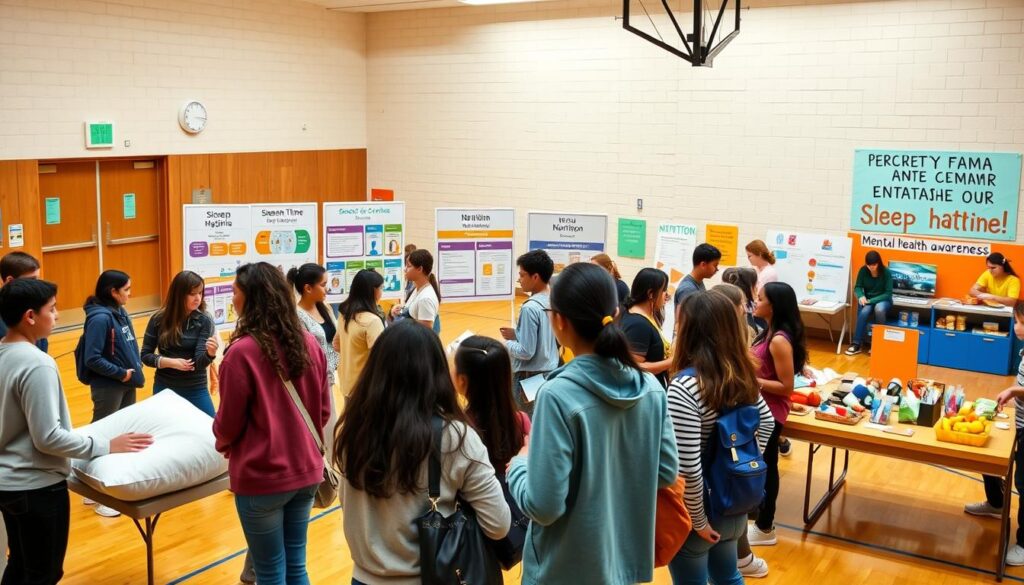 A vibrant and dynamic school gymnasium scene depicting rotating health stations tailored for teens. In the foreground, a diverse group of teens in modest casual clothing engage at one station focusing on sleep habits, equipped with cozy pillows and sleep hygiene posters. In the middle, a second station highlights screen time management, featuring colorful charts and interactive tablets, with teens discussing strategies. The third station emphasizes nutrition, showcasing healthy snacks, fruits, and a friendly adult providing guidance. The background contains a mental health awareness corner adorned with calming colors and positive affirmations. Warm, soft lighting illuminates the space, creating an inviting atmosphere full of enthusiasm and energy. Capture this scene from a slightly elevated angle to encompass all activities, emphasizing the interactive nature of the event.