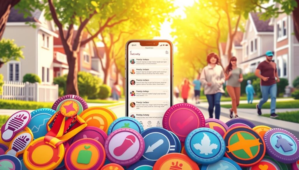 A vibrant and engaging digital illustration featuring an array of colorful accountability badges designed for a neighborhood walking group. In the foreground, display a variety of badges, each with unique designs, such as footprints, medals, and check marks, symbolizing achievements and milestones. The middle ground should present a glowing smartphone screen showing a text thread interface, with non-descriptive icons representing active group conversations, emphasizing community and motivation. In the background, a serene neighborhood landscape unfolds, with tree-lined streets and people in modest casual clothing enjoying their walks, capturing the spirit of togetherness and health. Bright, natural lighting brings an uplifting atmosphere, creating a sense of camaraderie and encouragement among the walking group. The angle should emphasize both the smartphone and the badges in a harmonious composition. A vibrant and engaging digital illustration featuring an array of colorful accountability badges designed for a neighborhood walking group. In the foreground, display a variety of badges, each with unique designs, such as footprints, medals, and check marks, symbolizing achievements and milestones. The middle ground should present a glowing smartphone screen showing a text thread interface, with non-descriptive icons representing active group conversations, emphasizing community and motivation. In the background, a serene neighborhood landscape unfolds, with tree-lined streets and people in modest casual clothing enjoying their walks, capturing the spirit of togetherness and health. Bright, natural lighting brings an uplifting atmosphere, creating a sense of camaraderie and encouragement among the walking group. The angle should emphasize both the smartphone and the badges in a harmonious composition.