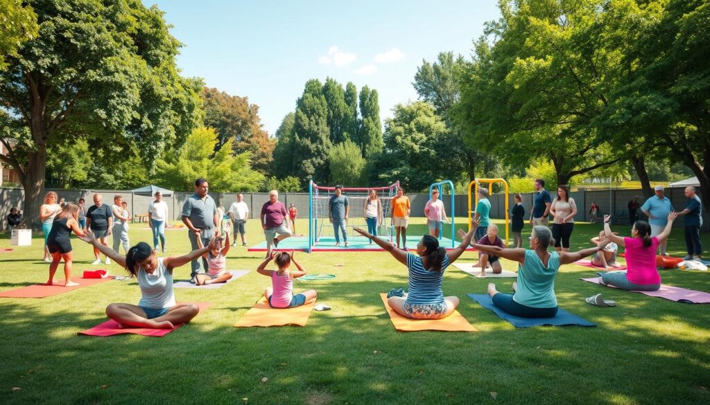 A vibrant community space set up for a Family Fitness Day, showcasing a multi-age activities station. In the foreground, a colorful yoga mat area with families doing yoga poses together, showcasing diversity in ages and ethnicity. The middle ground features various fitness equipment like jump ropes, hula hoops, and a mini obstacle course, designed for all age groups. In the background, trees and blue skies provide a cheerful, sunny atmosphere. Soft, natural lighting enhances the scene, creating an inviting and warm mood. Capture the image from a slightly elevated angle to encompass both the equipment and the energetic participants, ensuring all individuals are dressed in modest, casual clothing. The overall setting should feel inclusive, lively, and encouraging for fitness among families.