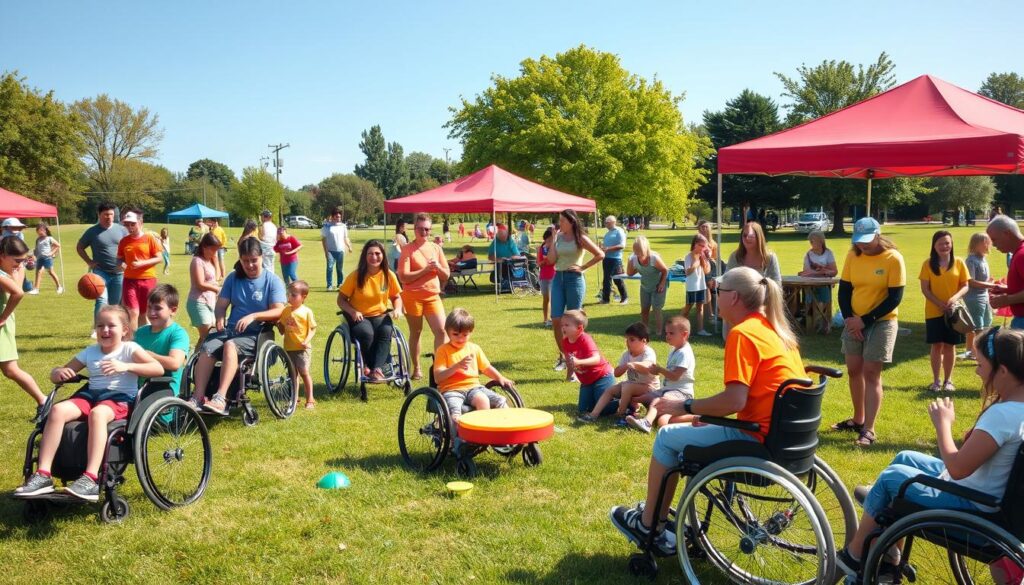 A vibrant field day scene showcasing inclusive activities designed for adaptive needs. In the foreground, a diverse group of children and adults of various abilities engage in playful activities, such as wheelchair basketball and bean bag toss, featuring adaptive equipment. In the middle ground, colorful canopies provide shade over various stations, with supportive volunteers assisting participants. The background displays a sunny park setting, lush green grass, and trees, with a clear blue sky. Soft, natural lighting enhances the cheerful atmosphere, creating warmth and inclusivity. The perspective is slightly elevated, allowing for a panoramic view, capturing the joy and collaboration among all participants, dressed in bright, casual clothing, reflecting a spirit of unity and fun.