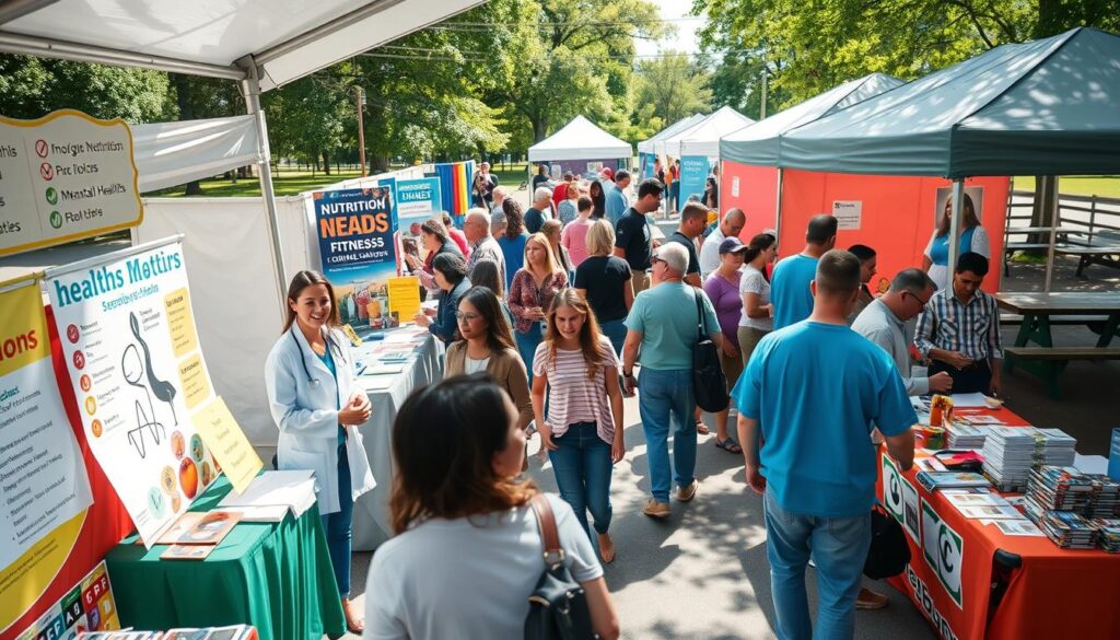 A vibrant health fair vendor booth layout, showcasing various colorful booths set up under a tented area. In the foreground, a booth offering health screenings with a friendly health professional in professional attire, interacting with a family. The middle ground features additional booths devoted to nutrition, fitness, and mental health, each adorned with decorative banners and informational materials. Attendees of diverse backgrounds mingle, creating a lively atmosphere. The background reveals a sunny park setting with trees and picnic tables, emphasizing a community feel. The scene is well-lit with natural sunlight filtering through the tents, captured at a slight aerial angle to illustrate the flow of traffic efficiently. Overall, the mood is energetic and inviting, encouraging engagement among participants. A vibrant health fair vendor booth layout, showcasing various colorful booths set up under a tented area. In the foreground, a booth offering health screenings with a friendly health professional in professional attire, interacting with a family. The middle ground features additional booths devoted to nutrition, fitness, and mental health, each adorned with decorative banners and informational materials. Attendees of diverse backgrounds mingle, creating a lively atmosphere. The background reveals a sunny park setting with trees and picnic tables, emphasizing a community feel. The scene is well-lit with natural sunlight filtering through the tents, captured at a slight aerial angle to illustrate the flow of traffic efficiently. Overall, the mood is energetic and inviting, encouraging engagement among participants.