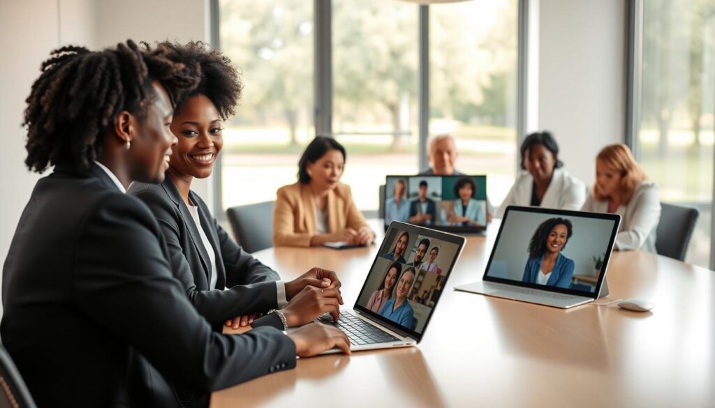 A virtual hybrid meeting setting featuring a diverse group of caregivers, sitting around a modern conference table in a well-lit room. In the foreground, two caregivers, one Black and one White, are engaged in a discussion, wearing professional business attire. The middle section shows laptops and tablets displaying video call interfaces, with other participants displayed in small windows, including caregivers of various ethnicities. The background has a large window letting in natural light, providing a peaceful view of a park. Soft, warm lighting creates a welcoming atmosphere, emphasizing collaboration and support. Use a slightly elevated angle to encapsulate both the in-person and virtual elements, highlighting connection and community among caregivers.
