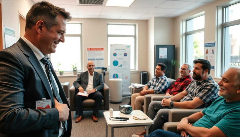 A welcoming community health screening event for men, set in a well-lit, modern clinic. In the foreground, a male healthcare professional in professional business attire is interacting with a diverse group of men seated on comfortable chairs, displaying a friendly and approachable demeanor. The middle ground features health screening equipment like blood pressure monitors and cholesterol testing kits, while informative charts and posters on men's health adorn the walls. In the background, large windows allow soft, natural light to filter in, creating a warm and inviting atmosphere. The overall mood is one of camaraderie and proactive health awareness, encouraging participation and open dialogue among the attendees. The angle captures both the interactions and the supportive environment.