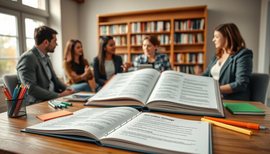A well-organized facilitator guide on a sturdy wooden table in a cozy, well-lit room with large windows allowing natural light to flood in. In the foreground, an open guide book displays detailed sections about peer support strategies and facilitator training techniques. Surrounding the book are neatly arranged stationery items, such as colored pens and sticky notes, emphasizing a professional yet inviting atmosphere. In the middle ground, a diverse group of three individuals dressed in smart casual attire, engaged in discussion about the guide’s content, exudes a collaborative spirit. In the background, a soft-focus bookshelf filled with relevant literature enhances the sense of an educational environment. The overall mood is warm and supportive, capturing the essence of community mental health initiatives.