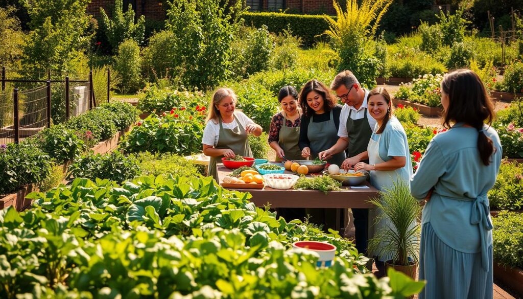 A vibrant community garden in the foreground filled with a diverse array of vegetables and herbs ready for harvest. In the middle, a cooking demonstration is taking place, featuring a cheerful group of people of various ethnicities, dressed in modest casual clothing. They are engaged in preparing fresh dishes using the harvested produce. A table is set with colorful ingredients and utensils. The background shows lush green plants and flowering garden beds, basking in warm, golden sunlight that creates a welcoming and productive atmosphere. The scene is captured from a slightly elevated angle, emphasizing the interaction among participants and the bountiful harvest, evoking a sense of community, nourishment, and shared learning.