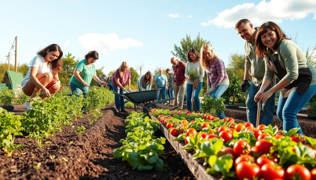 A vibrant community garden scene depicts seasonal volunteer tasks across spring, summer, fall, and winter. In the foreground, a diverse group of adults in modest casual clothing engages in activities: planting seedlings, harvesting vegetables, and preparing garden beds. In the middle ground, colorful rows of crops, such as tomatoes and leafy greens, flourish in rich soil. Nearby, a wheelbarrow filled with compost adds to the activity. In the background, a bright blue sky with a few fluffy clouds enhances the uplifting atmosphere. Soft morning light bathes the garden, creating long shadows and highlighting the volunteers’ smiling faces as they work harmoniously together. The scene evokes a sense of community, wellness, and the joy of nurturing plants through the seasons.